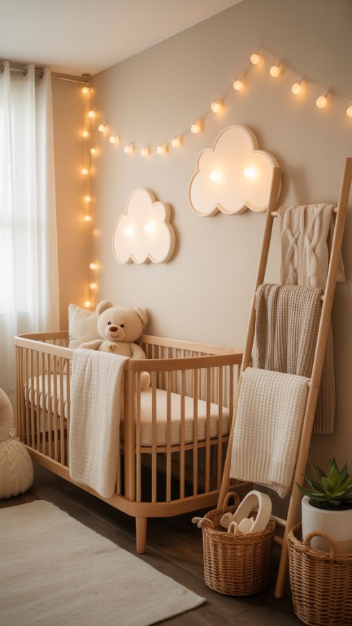 A warm and inviting neutral nursery with layered lighting, soft cream walls glowing under ambient light, whimsical cloud-shaped wall lamps and a delicate garland of fairy lights above the crib, modern brass floor lamp with warm gold accents, cozy wooden crib with neutral bedding, woven storage baskets neatly arranged, leaning wooden blanket ladder with soft knitted throws, small potted plants adding a touch of greenery, natural wood tones blending with soft beige textiles, day-to-night cozy atmosphere, photorealistic detail, styled for professional interior design photography, perfect for Pinterest inspiration. Keywords/Focus: neutral nursery ideas, nursery lighting design, cozy neutral nursery accessories, brass nursery accents, functional nursery storage.