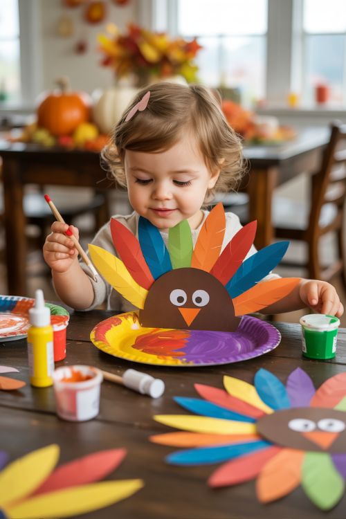 Toddler Crafting Paper Plate Turkeys for Thanksgiving