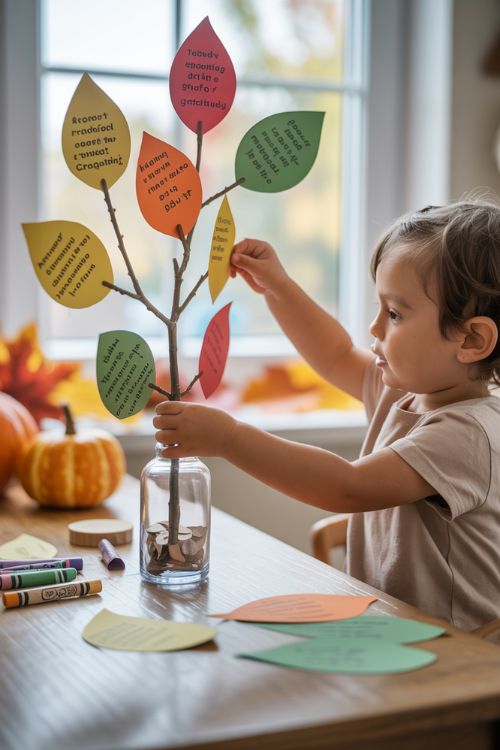 Toddler Creating a Gratitude Tree for Thanksgiving