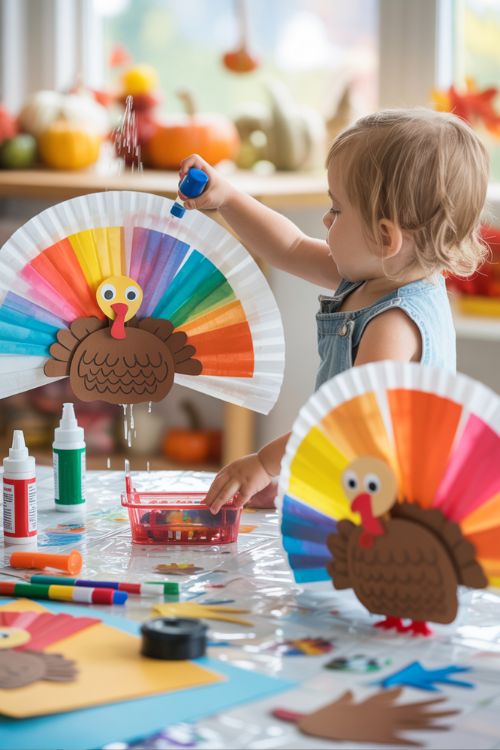 Toddler Making Coffee Filter Turkeys for Thanksgiving