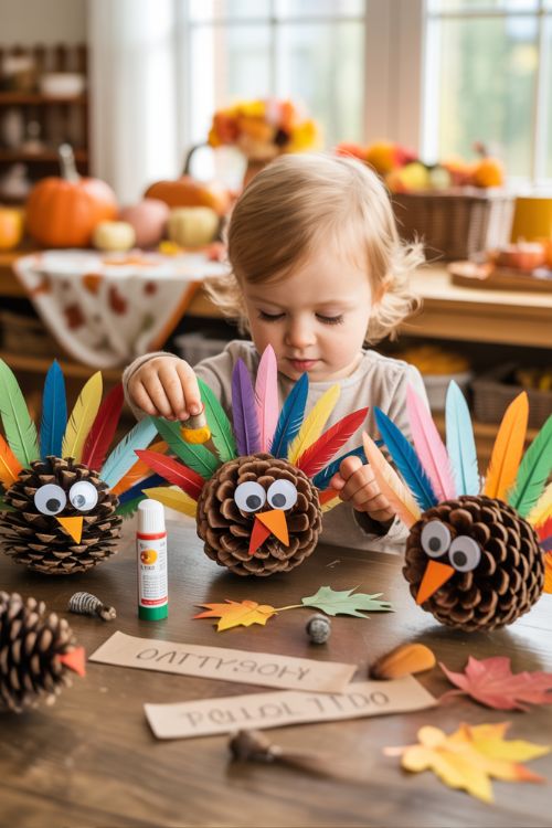Toddler Making Pinecone Turkeys for Thanksgiving