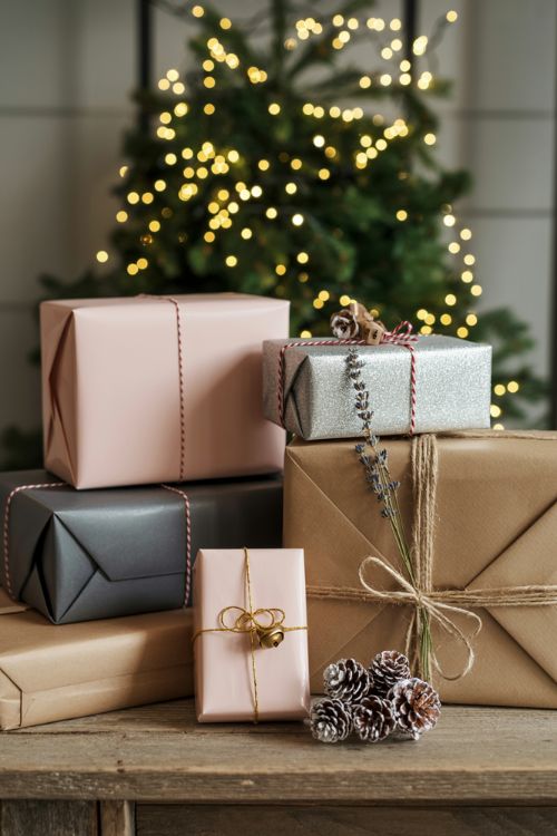Top 2025 Christmas wrapping ideas featuring muted modern tones, rustic brown paper with natural twine, dried herbs, and playful accents like jingle bells and glittered pinecones.