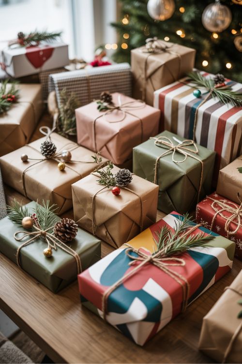 Top 2025 Christmas wrapping ideas featuring muted modern tones, rustic brown paper with natural twine, dried herbs, and playful accents like jingle bells and glittered pinecones.