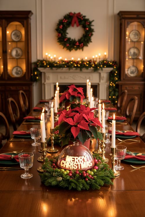 Traditional Christmas dining room with red and green decorations, poinsettia centerpiece, gold candle holders, wreath on the wall, and red bows on chairs, creating a cozy festive holiday atmosphere.