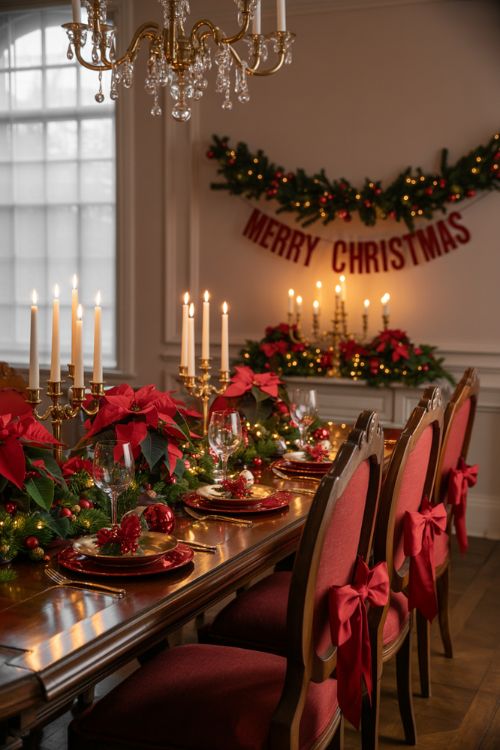 Traditional Christmas dining room with red and green decorations, poinsettia centerpiece, gold candle holders, wreath on the wall, and red bows on chairs, creating a cozy festive holiday atmosphere.