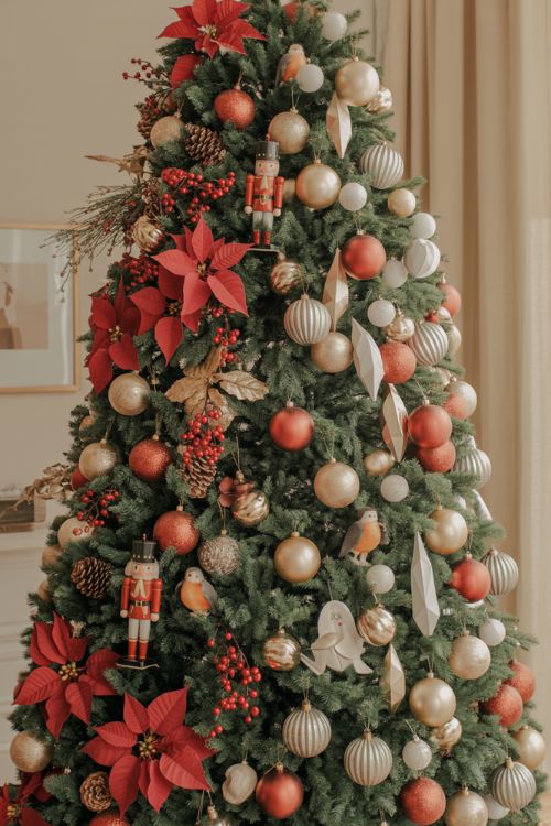 Christmas tree decorated with a mix of traditional red and gold ornaments, berries, poinsettias, and modern metallic geometric baubles with pastel accents.