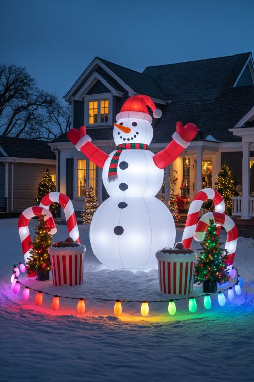 Christmas yard featuring smart color-changing lights, moving inflatables, oversized candy canes, giant hot chocolate cups, snow globes, and pre-lit trees, blending tech-savvy and DIY trends.