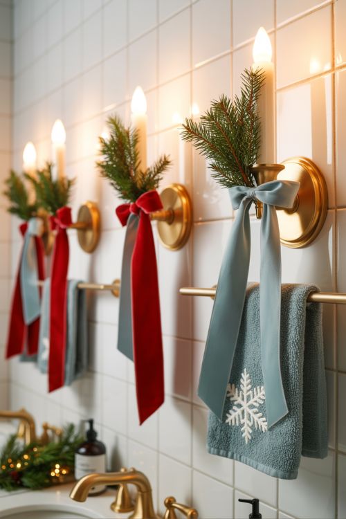 Christmas bathroom decor with wall sconces tied with velvet ribbons, greenery sprigs, and a snowflake hand towel.