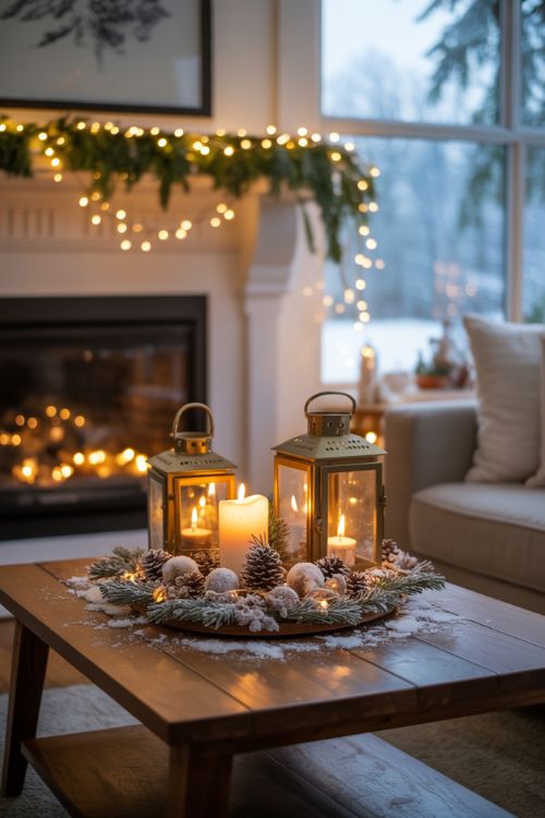 Winter living room with fairy lights, candles, lanterns, and frosted accents creating a cozy, magical seasonal ambiance.