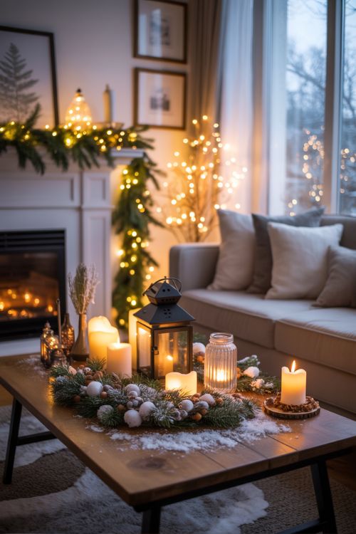 Winter living room with fairy lights, candles, lanterns, and frosted accents creating a cozy, magical seasonal ambiance.