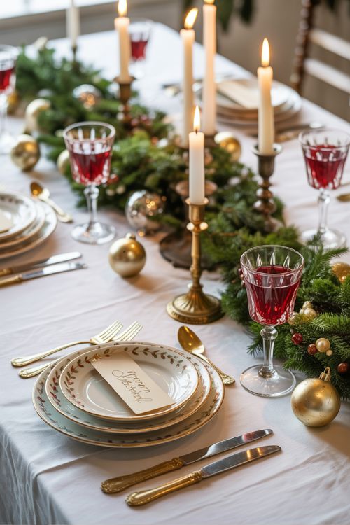Vintage and classic Christmas table decor with heirloom china, silverware, glassware, vintage ornaments, family recipe cards, greenery, and candlelight for a nostalgic and elegant holiday setting.