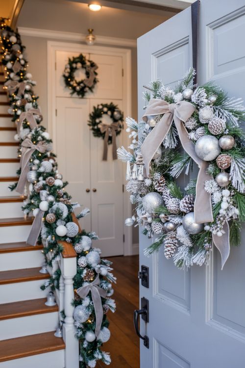 White Christmas wreath with snowy pine branches, silver bells, and velvet bows paired with frosted garlands on staircase railings and cabinet doors for festive holiday decor.