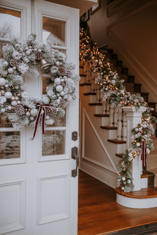 White Christmas wreath with snowy pine branches, silver bells, and velvet bows paired with frosted garlands on staircase railings and cabinet doors for festive holiday decor.