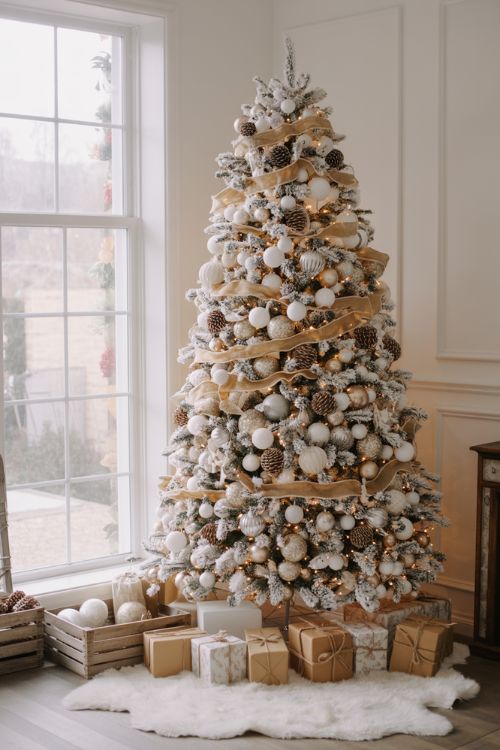 White Christmas tree decorated with silver, gold, and pastel ornaments, soft fairy lights, and a white faux fur tree skirt in a cozy modern living room