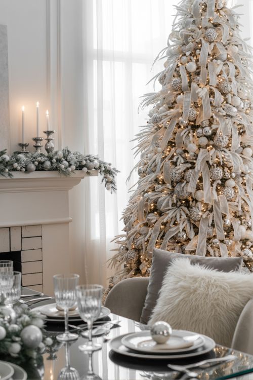 Elegant white and silver Christmas decor featuring a white tree with silver ornaments, metallic ribbons, frosted garlands, and velvet accents for a luxurious holiday style.