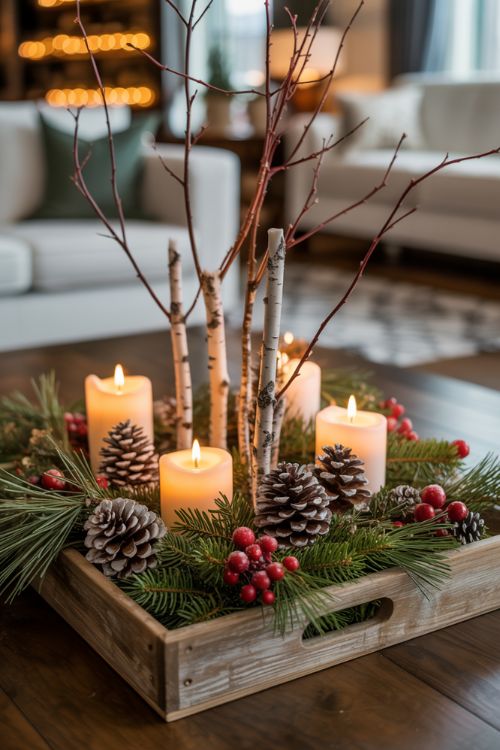 Winter centerpiece with pinecones, birch branches, candles, and greenery arranged on a rustic wooden tray for a cozy seasonal vignette.