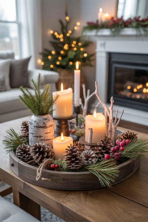 Winter centerpiece with pinecones, birch branches, candles, and greenery arranged on a rustic wooden tray for a cozy seasonal vignette.