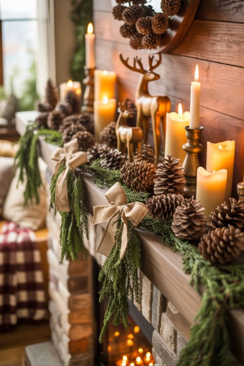 Cozy mantel decorated with evergreen garlands, pinecone clusters, candles of varying heights, and wooden accents with burlap bows, creating a layered, woodsy Christmas ambiance.
