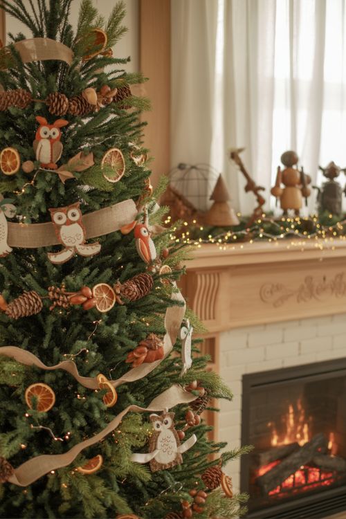 Woodsy Christmas décor featuring woodland animal ornaments, DIY pinecone crafts, and dried orange garlands on a tree and mantel, creating a cozy, playful forest-inspired holiday scene.