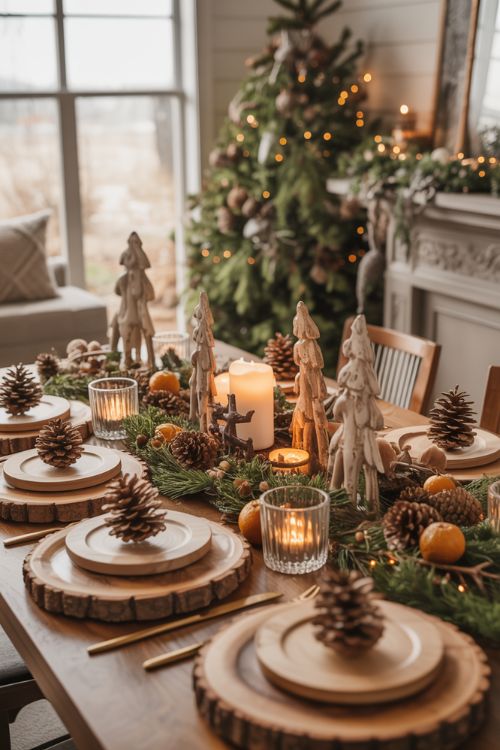 Christmas dining table decorated with pinecones, wooden chargers, candles, and woodland figurines, layered with wood, glass, and fabric textures to create a warm, woodsy holiday ambiance.
