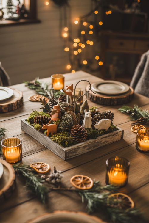 Christmas dining table decorated with pinecones, wooden chargers, candles, and woodland figurines, layered with wood, glass, and fabric textures to create a warm, woodsy holiday ambiance.