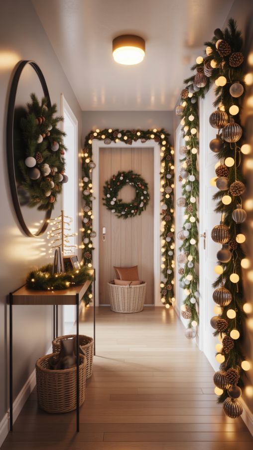 Modern hallway decorated for Christmas 2025 featuring smart LED lights, vintage C9 bulbs, and eco-friendly garlands for a cozy and sustainable holiday look.