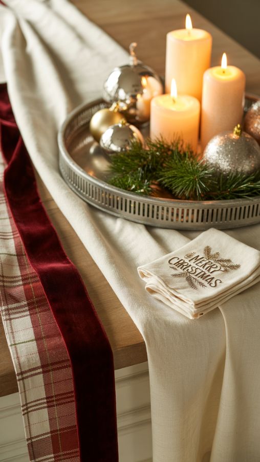 A Christmas entry table styled with cozy textiles and layered fabrics. A soft linen runner stretches across the table, topped with a velvet ribbon for added richness. A plaid accent cloth peeks out beneath a decorative tray holding ornaments and candles. The plush textures contrast with glossy baubles and metallic accents, creating a balanced, welcoming look. Small details like a folded festive napkin and sprigs of greenery tucked under the fabric add charm. The combination of textiles anchors the décor, making the entry table feel warm, layered, and inviting for the holiday season.Alt Tag:
Entry table decorated with linen runner, velvet ribbon, plaid fabric, and Christmas accentsImage Title:
Entry Table Christmas Decor with Textiles and Runners for Cozy Vibes
