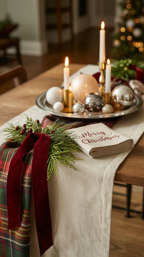 A Christmas entry table styled with cozy textiles and layered fabrics. A soft linen runner stretches across the table, topped with a velvet ribbon for added richness. A plaid accent cloth peeks out beneath a decorative tray holding ornaments and candles. The plush textures contrast with glossy baubles and metallic accents, creating a balanced, welcoming look. Small details like a folded festive napkin and sprigs of greenery tucked under the fabric add charm. The combination of textiles anchors the décor, making the entry table feel warm, layered, and inviting for the holiday season.Alt Tag:
Entry table decorated with linen runner, velvet ribbon, plaid fabric, and Christmas accentsImage Title:
Entry Table Christmas Decor with Textiles and Runners for Cozy Vibes