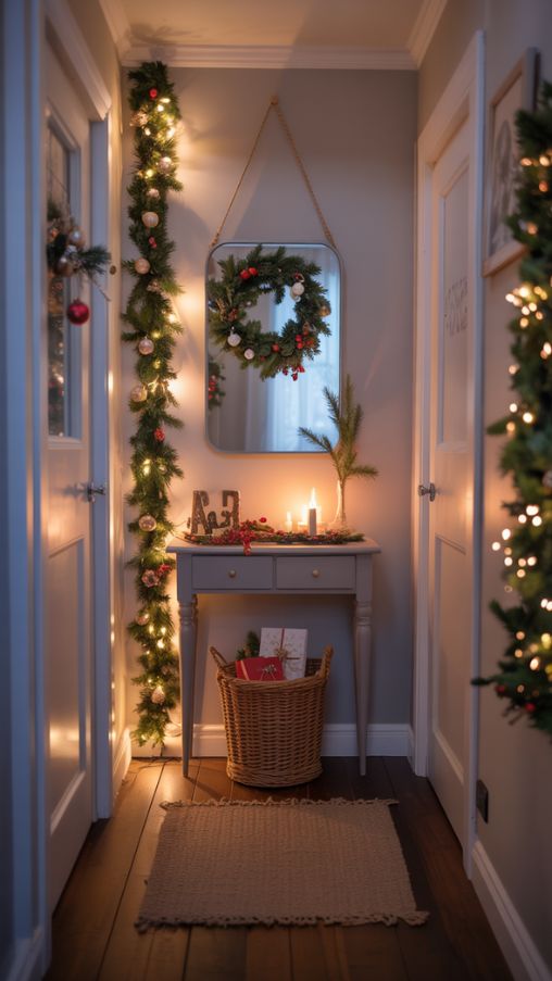 A small hallway decorated for Christmas with a slim garland, LED fairy lights, a mirror with a wreath, and a narrow console table for a cozy, festive look.
