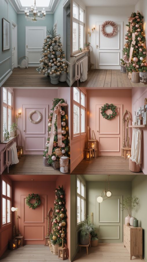A stylish hallway decorated for Christmas 2025 featuring trendy color palettes like mint and pearl, blush and rose gold, terracotta and gold, and olive and mint for a warm, elegant holiday look.