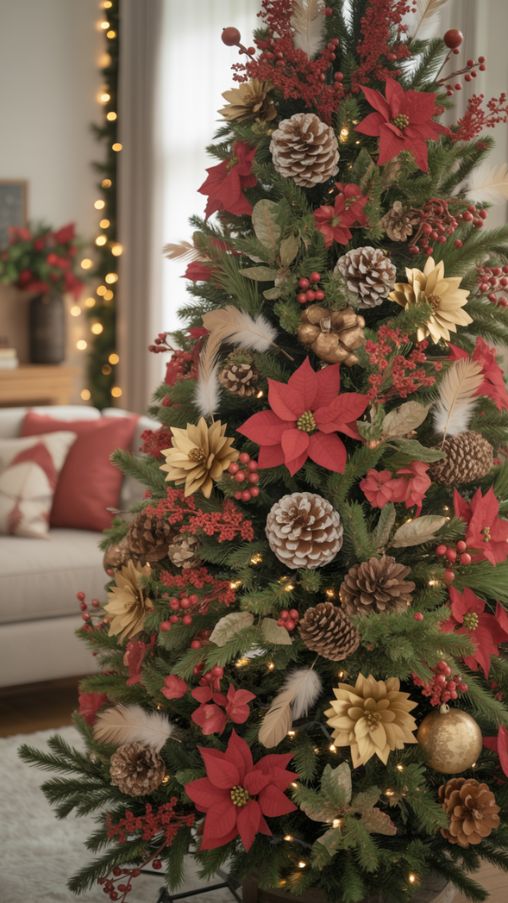 Adding Floral and Natural Accents to a Red and Gold Christmas Tree