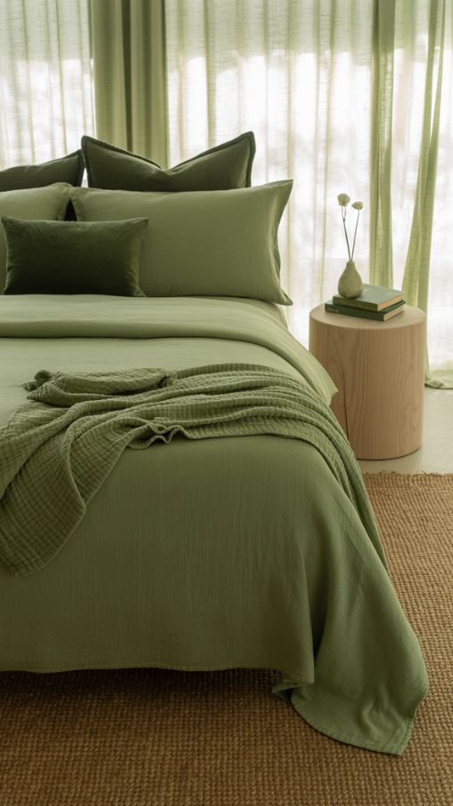 Bedding and Textiles in Green Bedrooms – Layered, Cozy, and Stylish Decor Inspiration