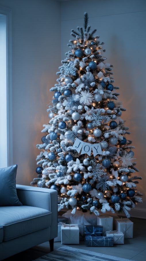 Blue and Silver Flocked Christmas Tree Ideas for a Frosty Winter Wonderland