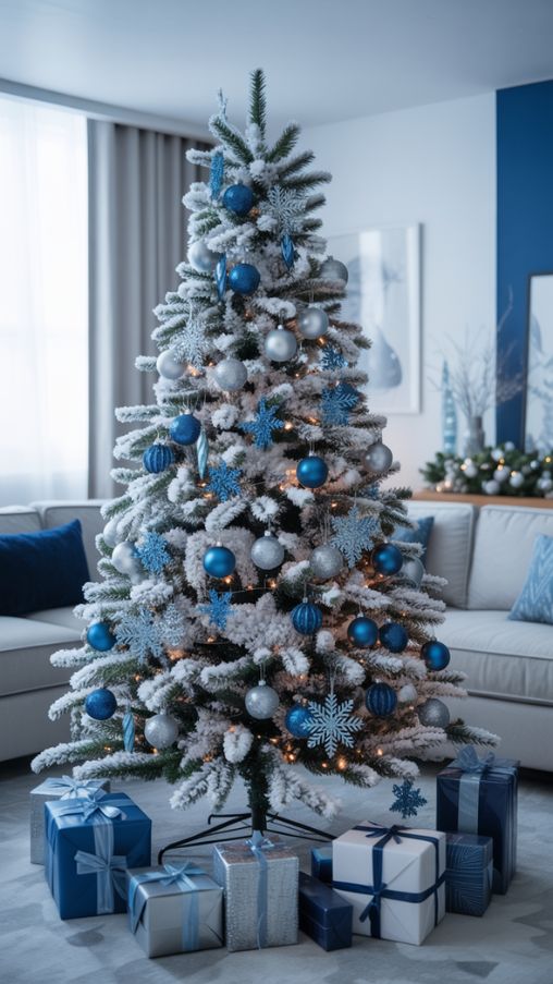 Blue and Silver Flocked Christmas Tree Ideas for a Frosty Winter Wonderland