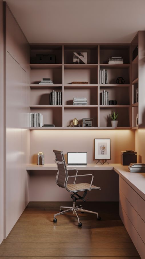 A functional basement office featuring built-in shelving units and vertical storage solutions, sleek floating desk with ergonomic chair, neutral-colored walls in soft grey or beige, organized office supplies neatly stored on shelves, a few decorative accents like small plants and framed art, polished wooden or concrete flooring, subtle ambient lighting highlighting the shelving, and a clutter-free layout that maximizes every inch of wall space, creating an inspiring, practical, and stylish workspace in a small basementKeywords/Focus:
Basement Office Ideas, Basement Office Storage Solutions, Built-In Shelving Basement Office