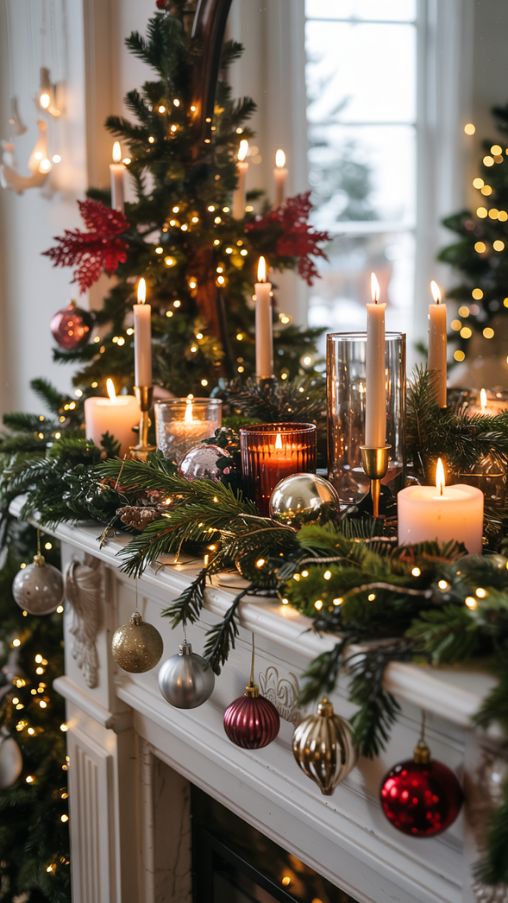 Candlelight and Twinkle Light Fireplace Mantel Christmas Decor