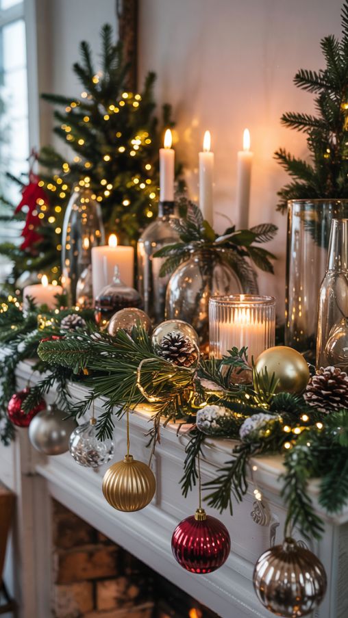 Candlelight and Twinkle Light Fireplace Mantel Christmas Decor