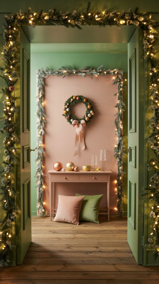 A stylish hallway decorated for Christmas 2025 featuring trendy color palettes like mint and pearl, blush and rose gold, terracotta and gold, and olive and mint for a warm, elegant holiday look.