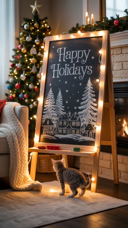Christmas Blackboard Holiday Decor in Cozy Living Room