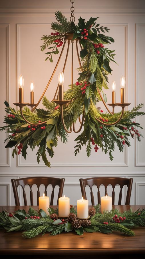 Christmas Chandelier Decor with Garland and Greenery for a Natural Festive Look