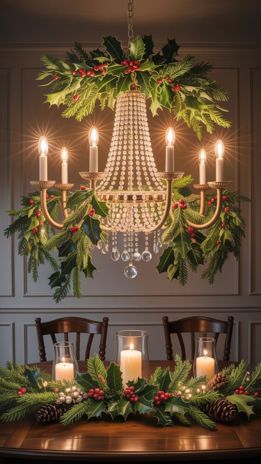 Christmas Chandelier Decor with Garland and Greenery for a Natural Festive Look