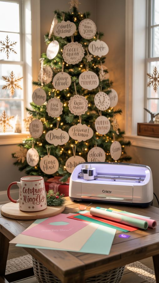 Create a large, photorealistic image showcasing a cozy Christmas home setting filled with Cricut-crafted decorations. Display a beautifully decorated living room with a glowing Christmas tree adorned with personalized paper ornaments, shimmering vinyl snowflakes on the windows, and a festive mug with a custom name design on a wooden coffee table. Include crafting tools like a Cricut machine and rolls of vinyl nearby, hinting at an active DIY workspace. Use warm, soft lighting with a golden holiday glow for a magical, handmade Christmas atmosphere. Maintain a clean, bright, Pinterest-style composition.