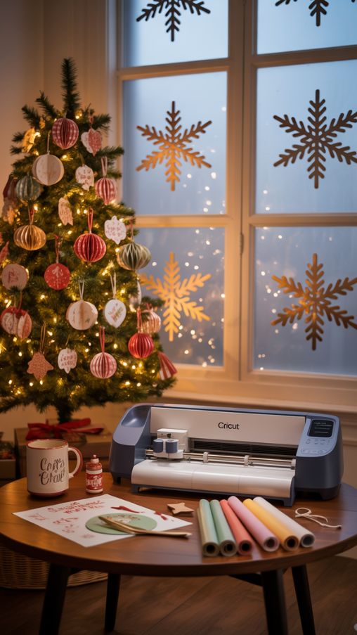 Create a large, photorealistic image showcasing a cozy Christmas home setting filled with Cricut-crafted decorations. Display a beautifully decorated living room with a glowing Christmas tree adorned with personalized paper ornaments, shimmering vinyl snowflakes on the windows, and a festive mug with a custom name design on a wooden coffee table. Include crafting tools like a Cricut machine and rolls of vinyl nearby, hinting at an active DIY workspace. Use warm, soft lighting with a golden holiday glow for a magical, handmade Christmas atmosphere. Maintain a clean, bright, Pinterest-style composition.