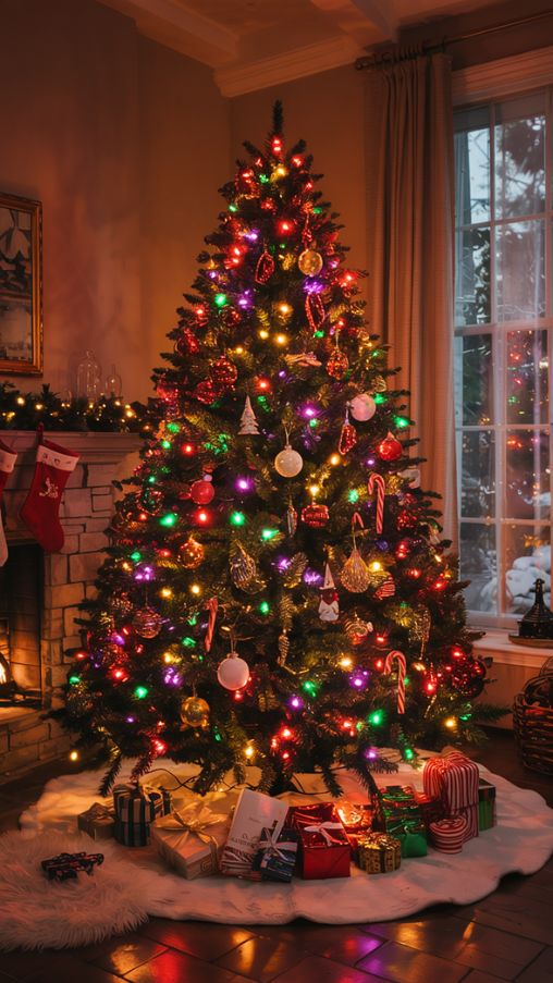 Christmas Tree with Colored Lights in Cozy Living Room