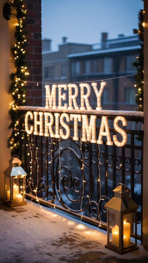 Christmas balcony decorated with cascading fairy lights, lanterns, and festive glow