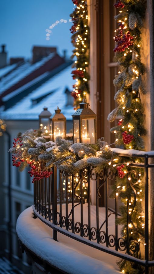 Christmas balcony decorated with cascading fairy lights, lanterns, and festive glow