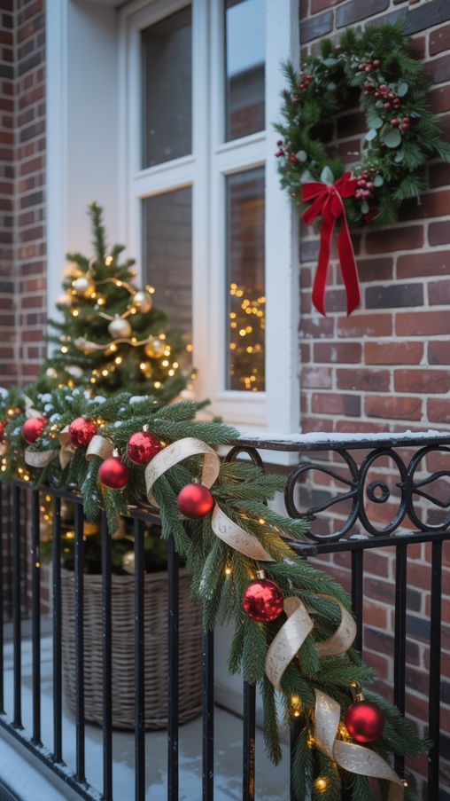 Christmas balcony with pine garlands, wreath, and mini tree in a basket