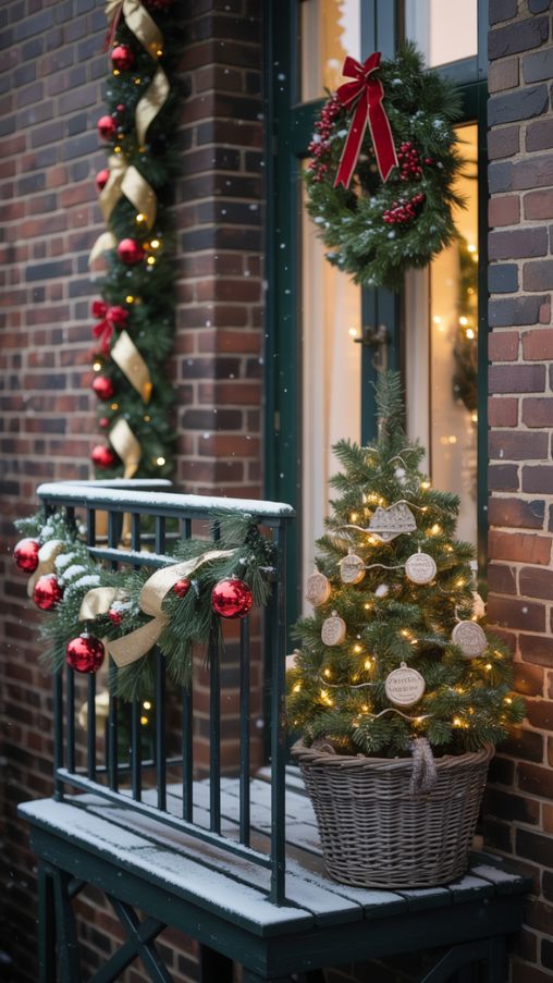 Christmas balcony with pine garlands, wreath, and mini tree in a basket