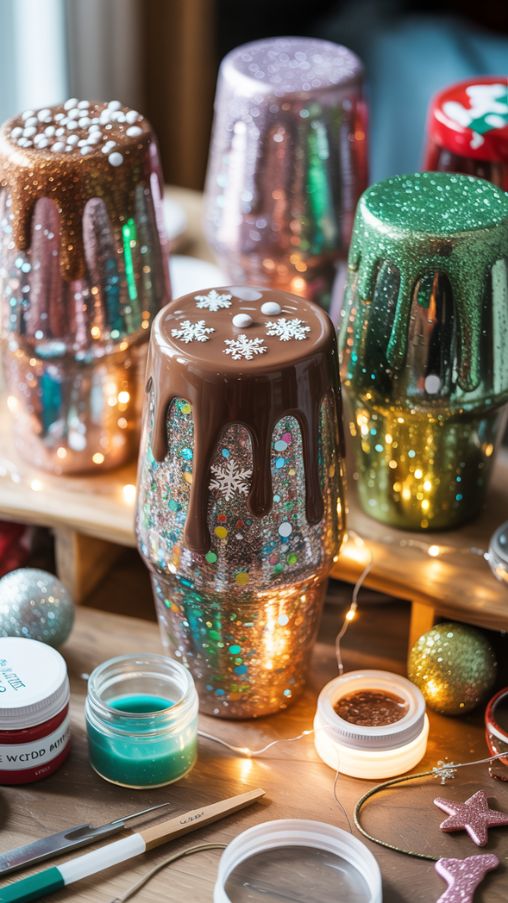 Christmas tumblers decorated with layered glitter and epoxy, including chocolate drip and green Grinch-inspired designs, on a cozy holiday crafting table with tools and festive lights