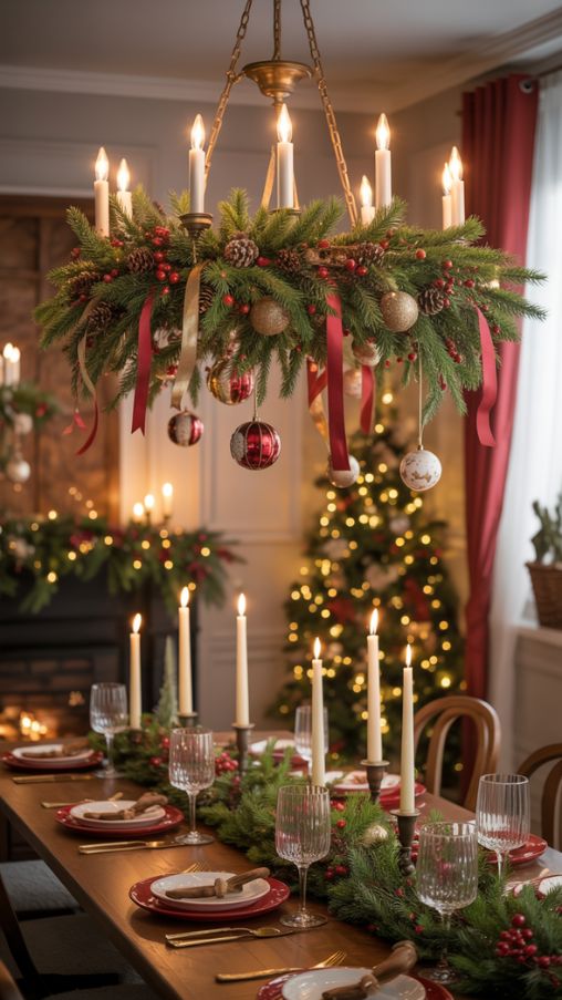 Classic Christmas Chandelier Decoration with Pinecones, Berries, and Gold Accents